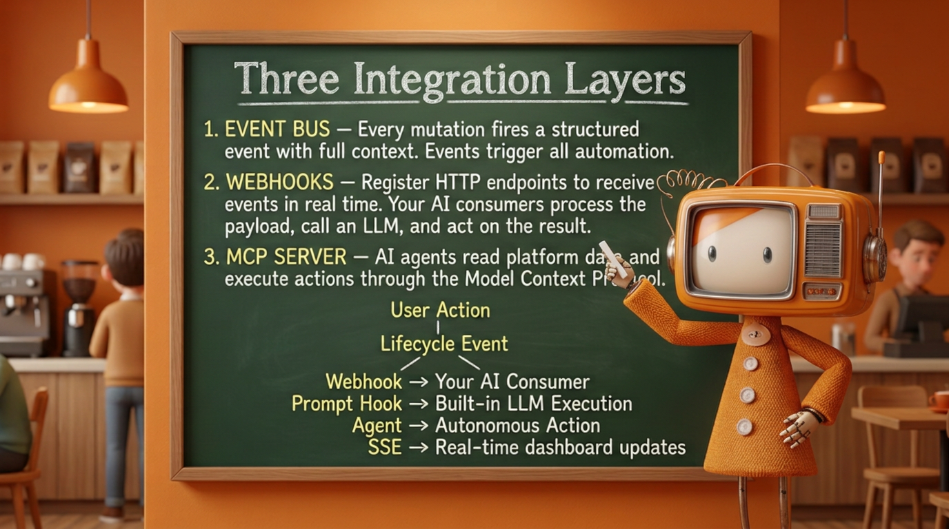 Bev presents the three integration layers on a coffee shop chalkboard: Event bus, Webhooks, and MCP server, with a tree diagram showing how a user action flows through lifecycle events to webhooks, prompt hooks, agents, and SSE.