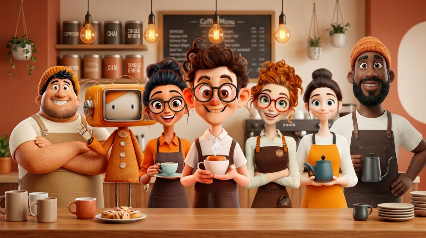The seven Cafe Crew characters — Juan, Bev, Lottie, Brewster, Meg, Tia, and Beans — standing behind a warm cafe counter, smiling at the camera.